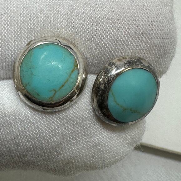 Vintage Taxco Mexico Round Shaped Pierced Earrings Turquoise Sterling Silver 925